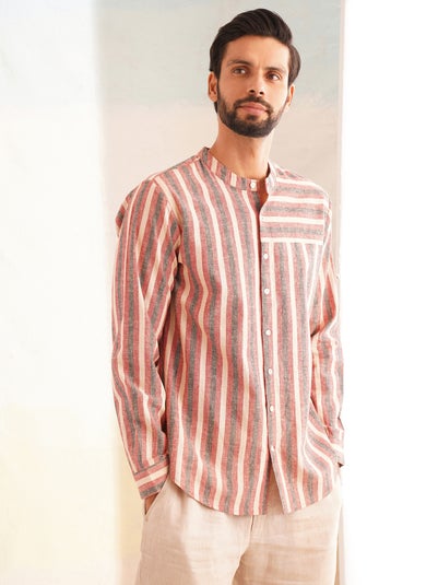 Men Multicolour Linen Straight Fit Hand woven Shirt