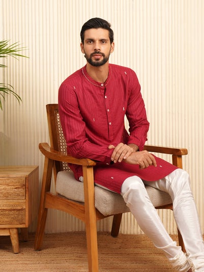 Men Maroon Red Silk Viscose Straight Fit Embroidered Kurta