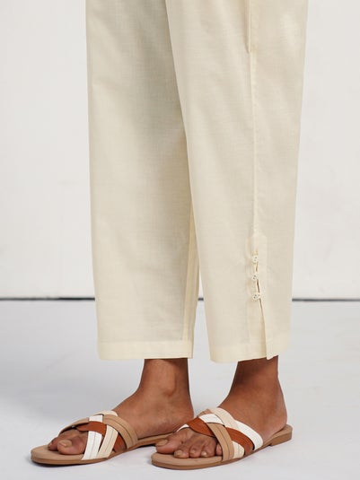 Women Off White_Cream Cotton Regular Fit Solid Pant