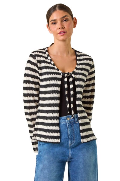 Roman Black Striped Print Tie Detail Cardigan