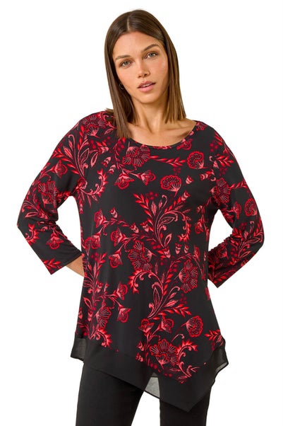 Roman Red Floral Print Chiffon Hem Stretch Top