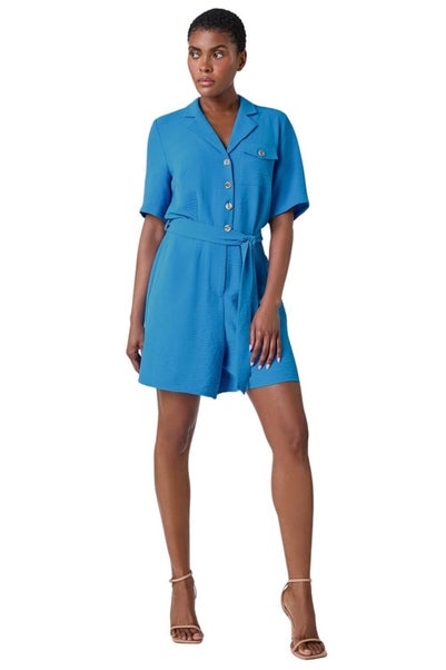 Roman Light Blue Textured Tie Waist Playsuit