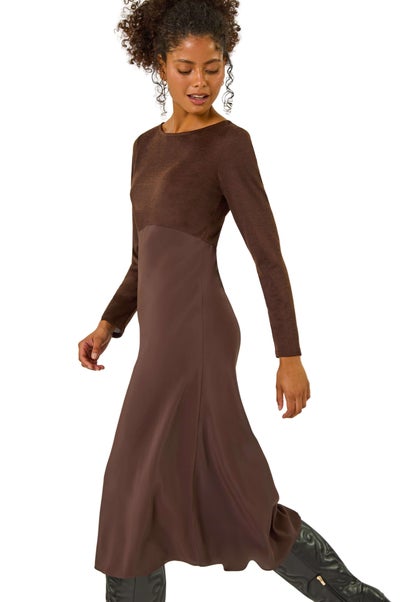 Dusk Chocolate Satin Bodycon Stretch Midi Dress