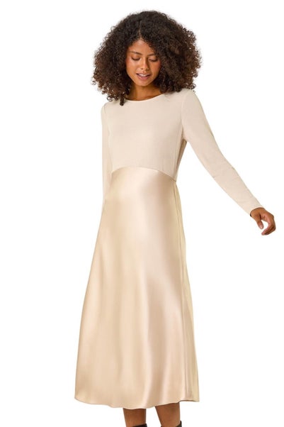 Dusk Beige Satin Bodycon Stretch Midi Dress