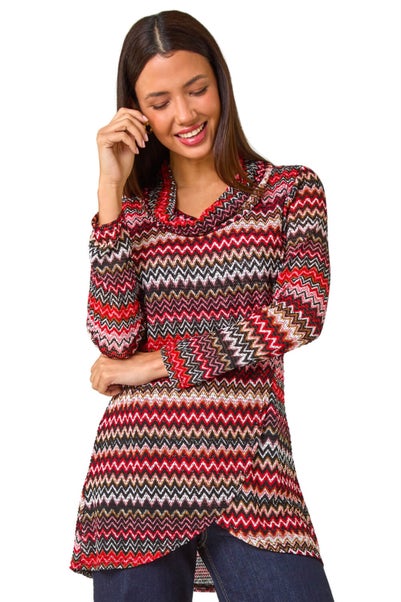 Roman Red Aztec Print Cowl Neck Stretch Top