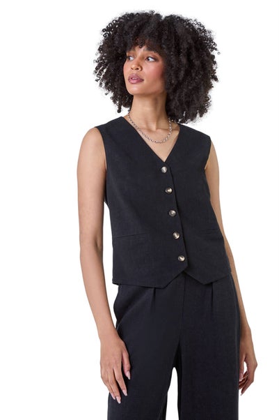 Roman Black Linen Blend Button Through Waistcoat