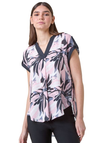 Roman Light Pink Abstract Floral Print Contrast Trim Top