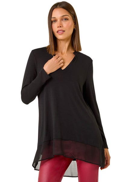 Roman Black V-Neck Chiffon Hem Top