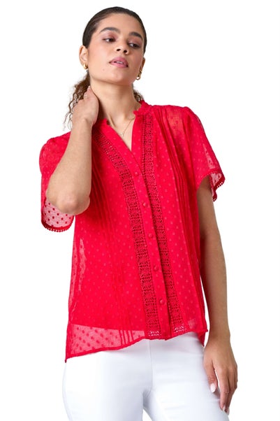 Roman Red Textured Spot Lace Trim Blouse