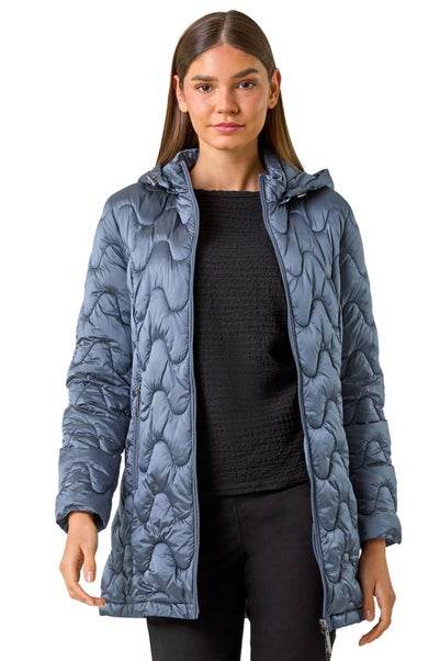 Roman Steel Blue Wave Quilted Puffer Hooded Coat