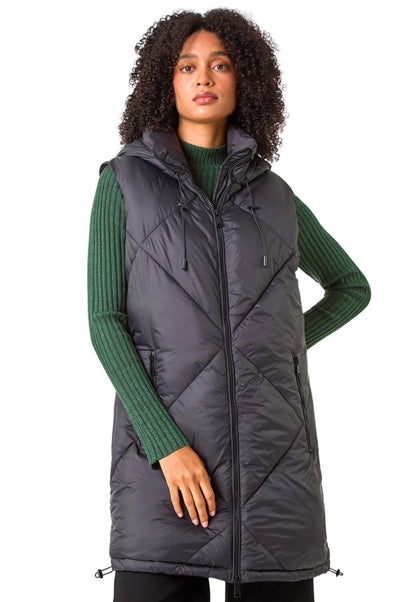 Roman Black Longline Quilted Hooded Gilet