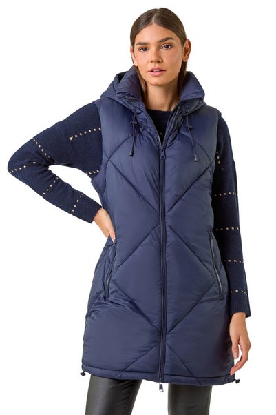 Roman Midnight Blue Longline Quilted Hooded Gilet