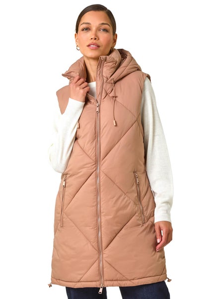 Roman Taupe Longline Quilted Hooded Gilet