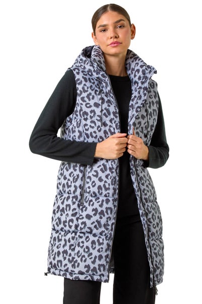 Roman Grey Animal Print Longline Quilted Gilet