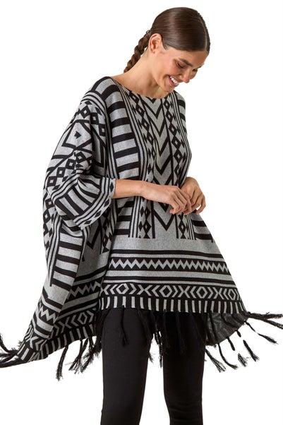 Roman Light Grey Tribal Pattern Fringe Poncho Jumper