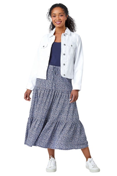 Roman Navy Petite Ditsy Print Tiered A Line Midi Skirt