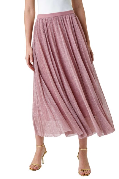 Roman Pink A-Line Shimmer Stretch Midi Skirt