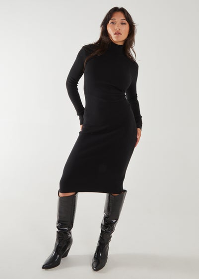 Pink Vanilla Black Ribbed Roll Neck Midi Dress