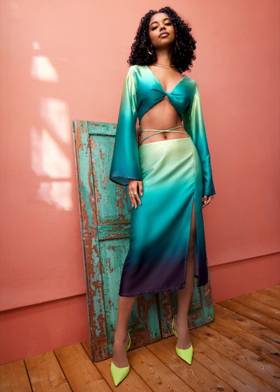 Pink Vanilla Green Tie Waist Ombre Split Hem Midi Skirt