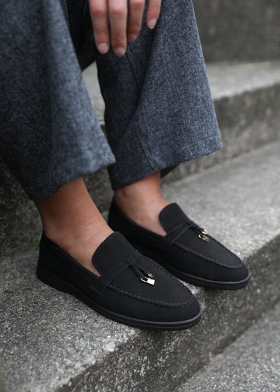 Where's That From Black Suede Pegasus Slip On Trim Loafers