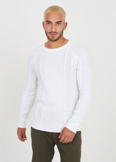 Brave Soul White Crew Neck Cable Knitted Jumper