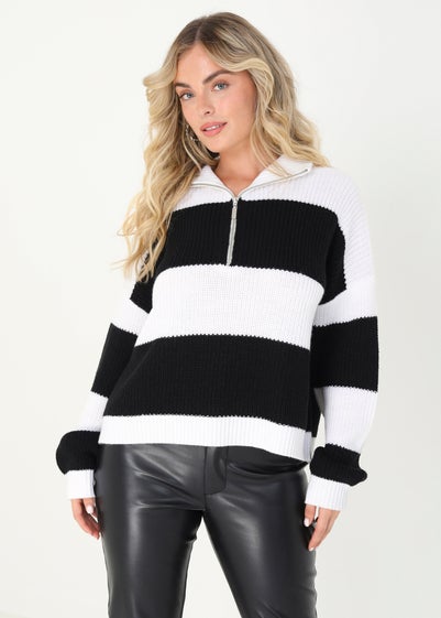 Brave Soul White Striped Knitted Jumper With Zip Neck