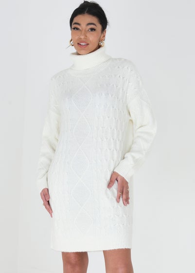 Brave Soul Cream Roll Neck Cable Knit Jumper Dress