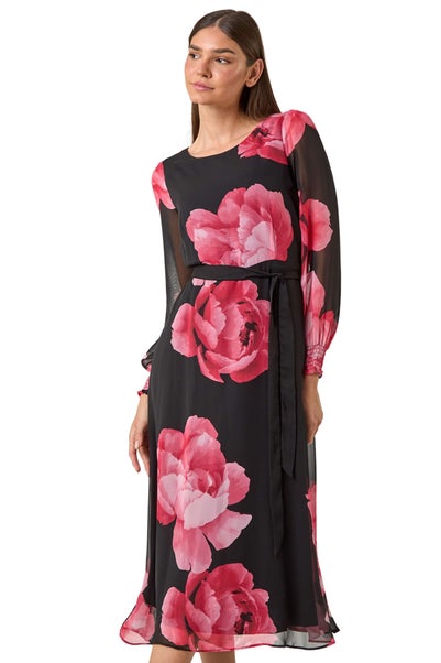 Roman Pink Floral Chiffon Tie Midi Dress