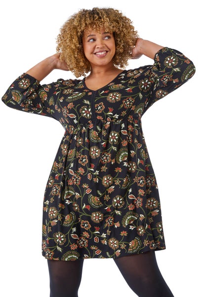 Roman Black Curve Floral Stretch Dress