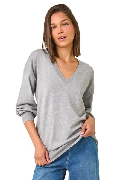 Roman Grey Plain V-Neck Stretch Longline Jumper