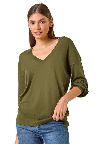 Roman Khaki Plain V-Neck Stretch Longline Jumper