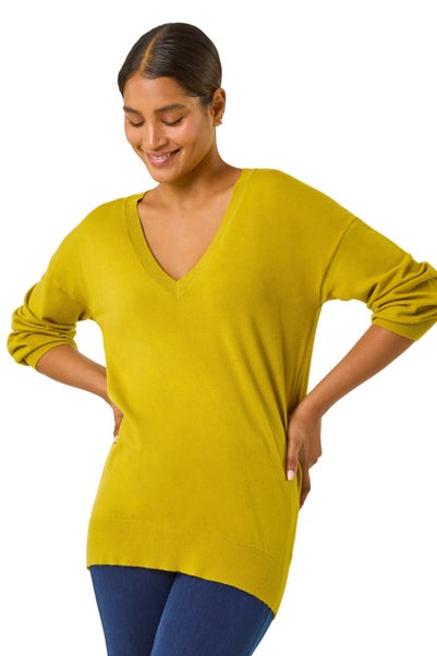 Roman Lime Plain V-Neck Stretch Longline Jumper