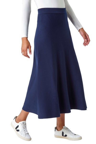 Roman Blue Plain Elastic Waist Knitted A Line Midi Skirt