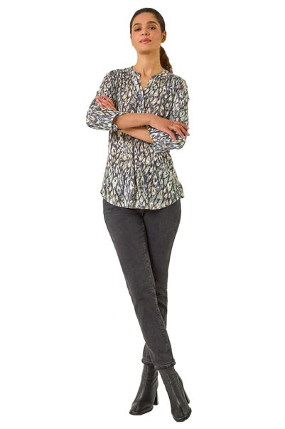 Roman Green Animal Print Stretch Burnout Top