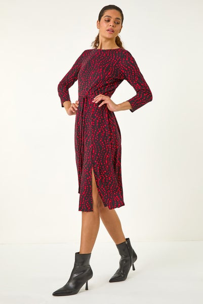 Roman Red Stretch Spot Detail Belted Dress