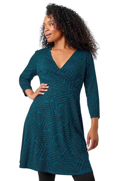 Roman Teal Petite Mock Wrap Abstract Stretch Dress