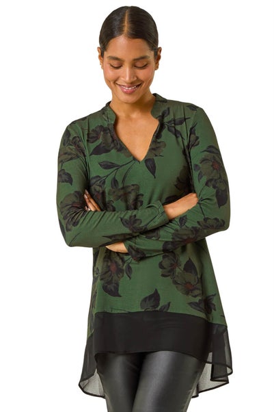 Roman Dark Green Floral Chiffon Hem Blouse