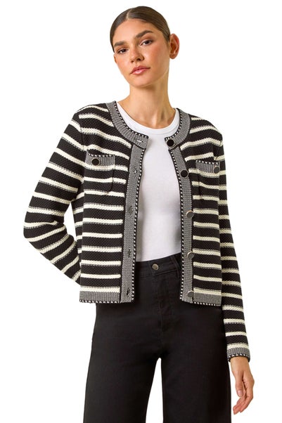 Roman Black Textured Stripe Print Pocket Cardigan