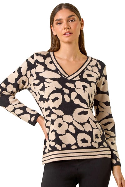 Roman Black Animal Print V-Neck Jumper