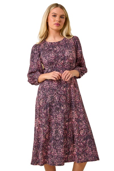 Roman Navy Petite Paisley Stretch Midi Dress