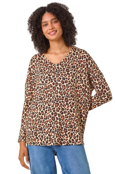 Roman Natural Animal Print V-Neck Tunic Stretch Top