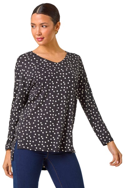 Roman Black Spot Print Stretch Tunic Top