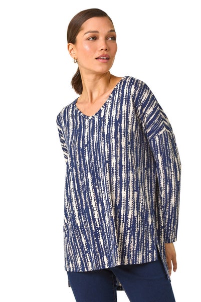 Roman Navy Abstract Print V-Neck Tunic Stretch Top