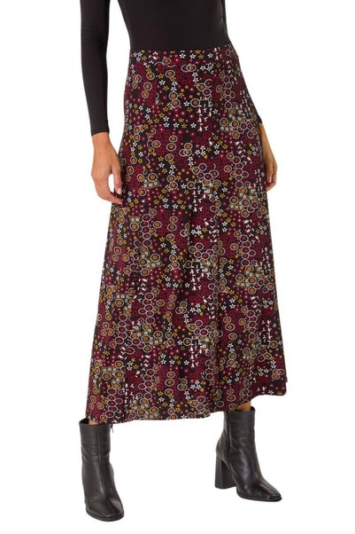 Roman Red Ditsy Floral Print Stretch Midi Skirt