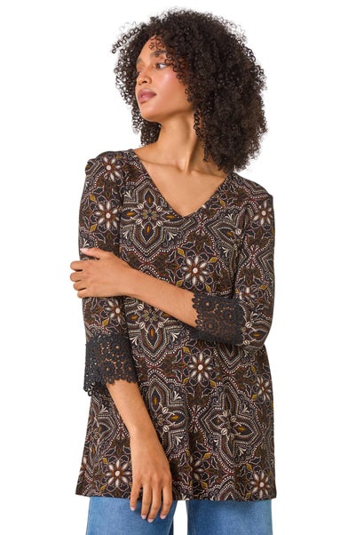 Roman Black Abstract Print Lace Detail Tunic Top