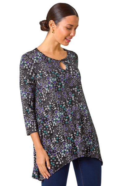 Roman Blue Abstract Circle Print Cutout Tunic Top