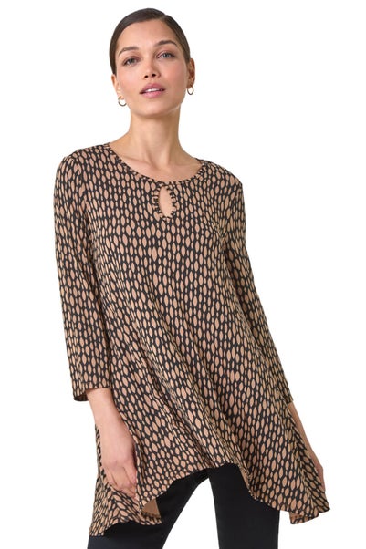 Roman Tan Abstract Linear Print Cutout Tunic Top