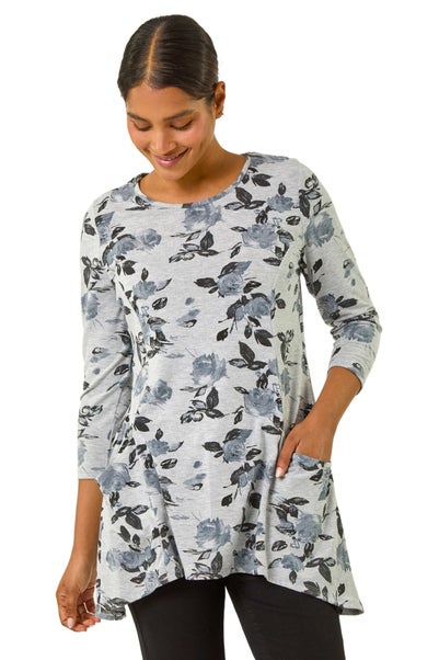 Roman Grey Floral Print Pocket Detail Tunic Stretch Top