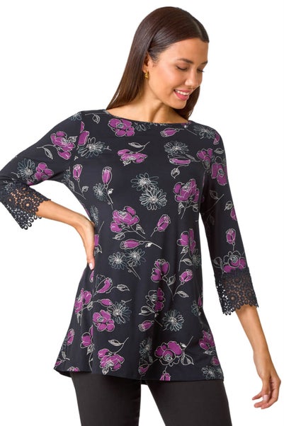 Roman Black Floral Print Lace Detail Stretch Top