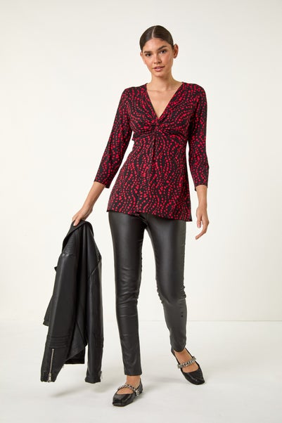 Roman Red Abstract Spot V-Neck Twist Front Top